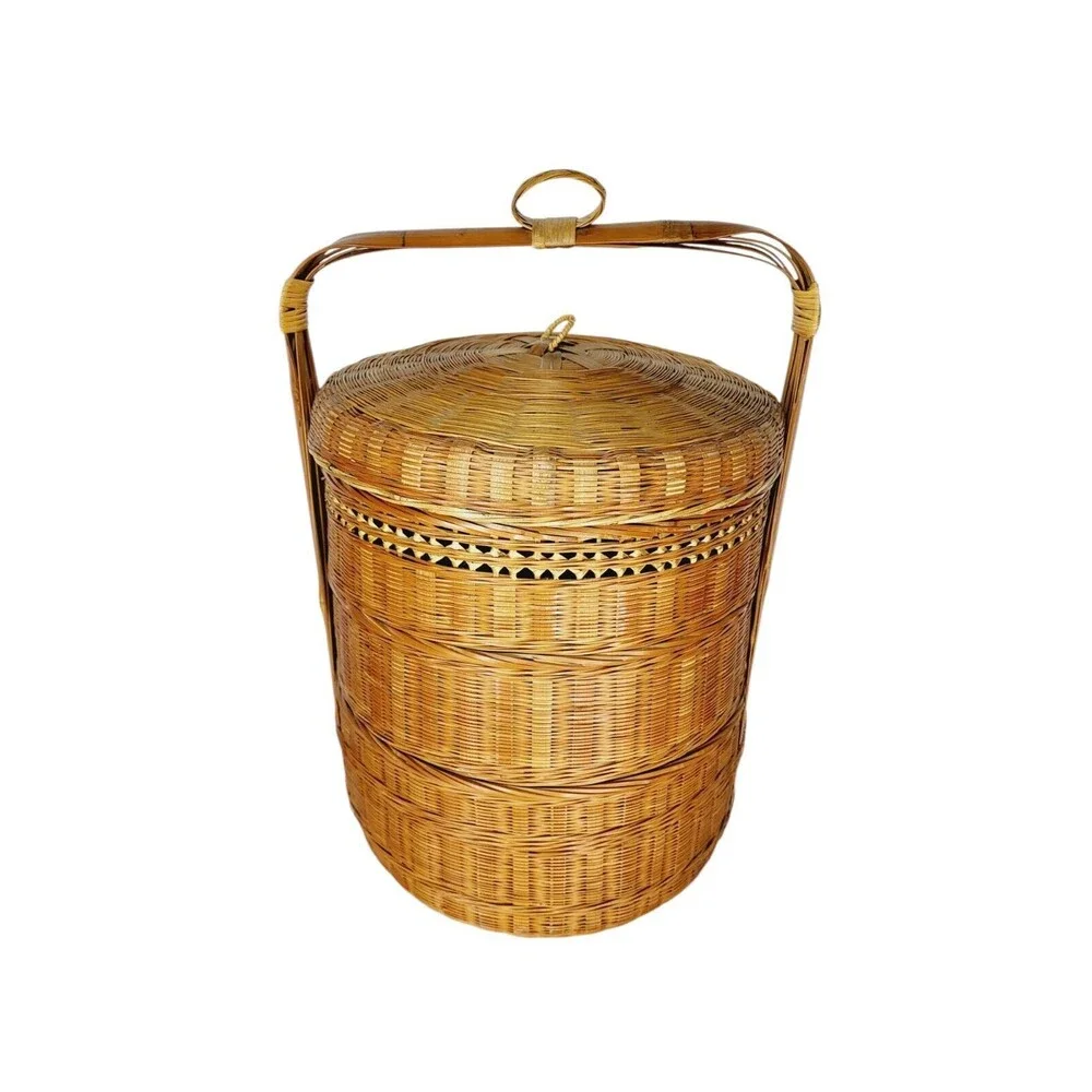 Vintage 1940s Boho Chinese Stacked Wicker Nesting Triple Storage Wedding Basket